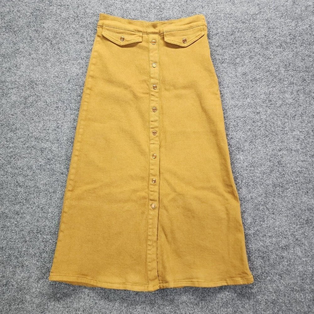 Gestuz Mustard Yellow Button-front Midi Maxi Skirt Pockets 100% Cotton 36‎ US 4